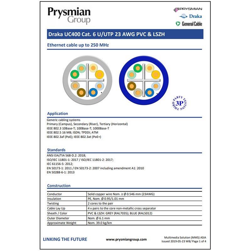 DRAKA CAT 6 305M NETWORK CABLE CAT6 LAN CABLE UC400 U/UTP 23 AWG PVC