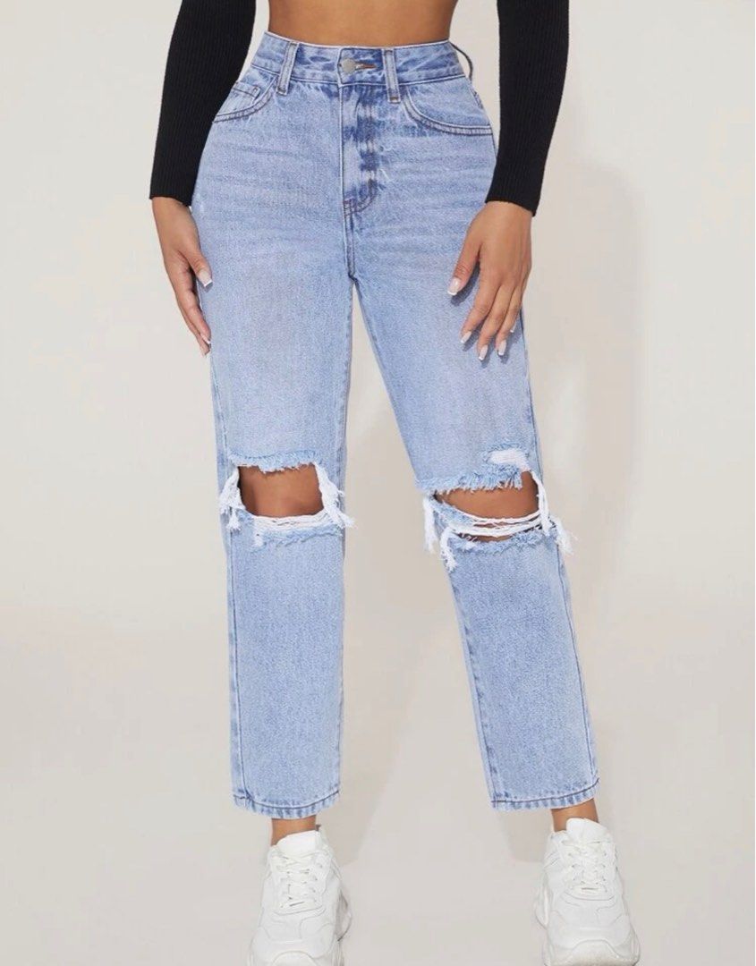 High Waist Straight Leg Ripped Jeans