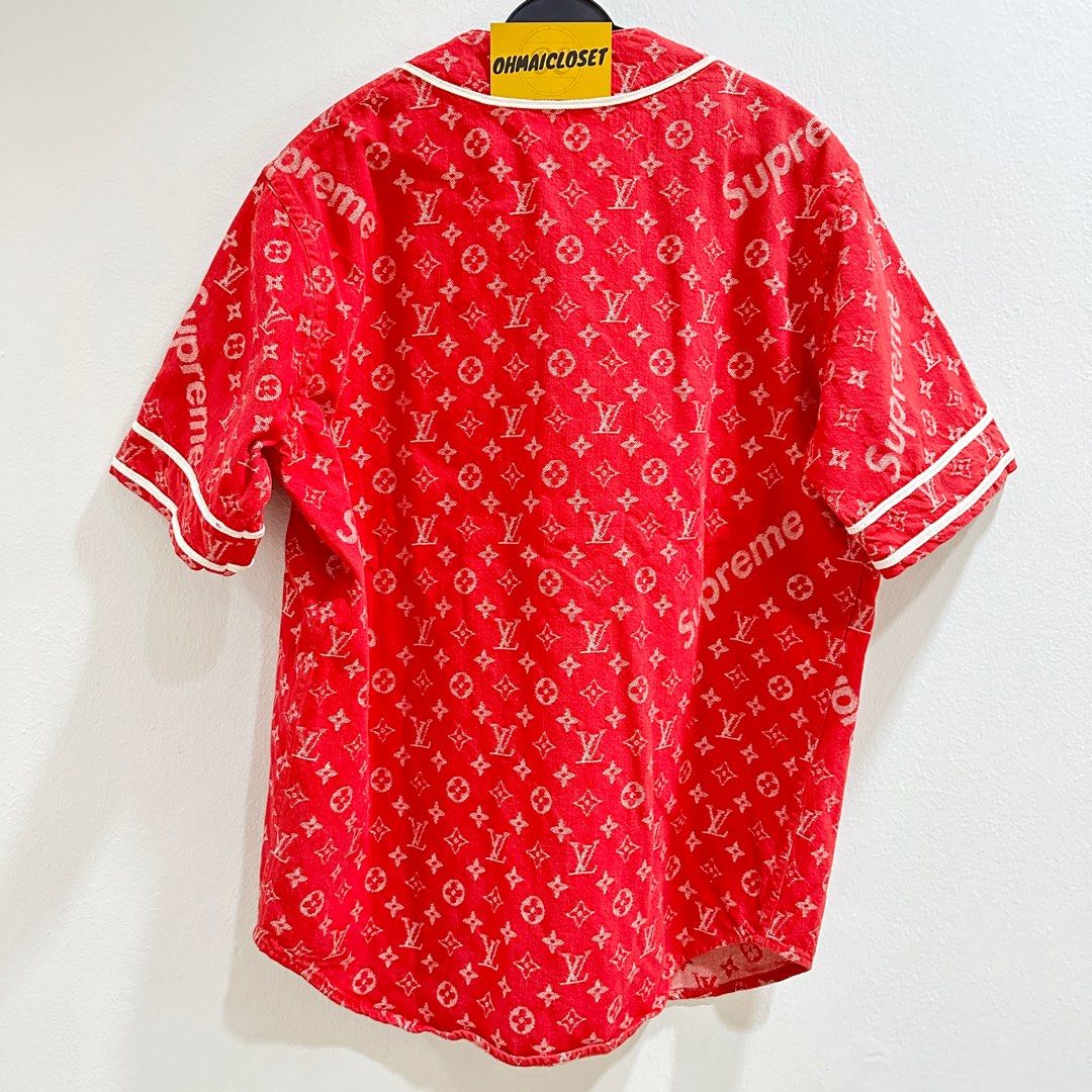 Louis Vuitton x Supreme Jacquard Denim Baseball Jersey Red