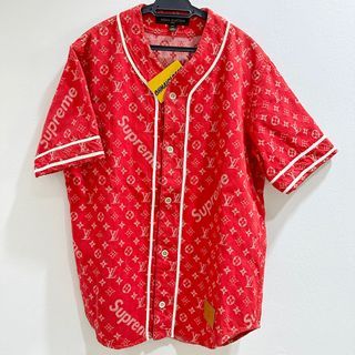 Louis Vuitton x Supreme Jacquard Denim Baseball Jersey Red