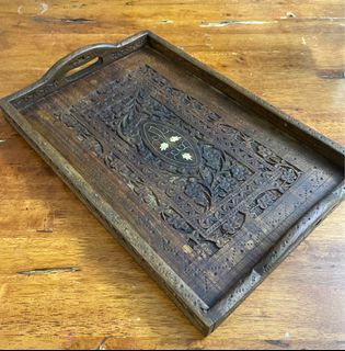 Old Rosewood Hand Carved Brass Inlay Serving Tray 38.5x25.5cms
