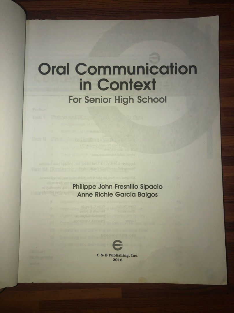 Oral Communication in Context by Sipacio & Balgos (Category: Textbooks) located in Mandaluyong City. Submitted by closetbyllex (Listing ID 1224122429, Image 2). Description: Like new. Di pa nagagamit Orig price: 400+ Selling price: 180 Payment first policy. Available for same day delivery Available JNT courier Mandaluyong City location.