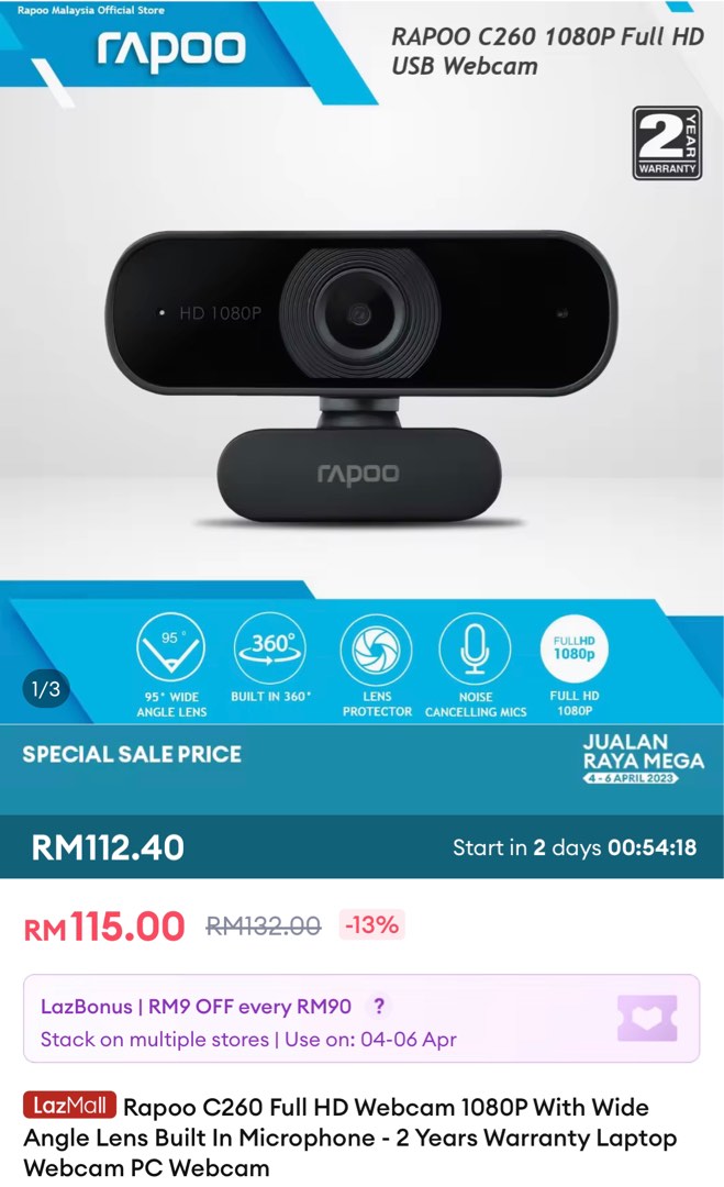 kredsløb miljøforkæmper lungebetændelse Rapoo C260 Full HD Webcam 1080P With Wide Angle Lens Built In Microphone,  Computers & Tech, Parts & Accessories, Webcams on Carousell