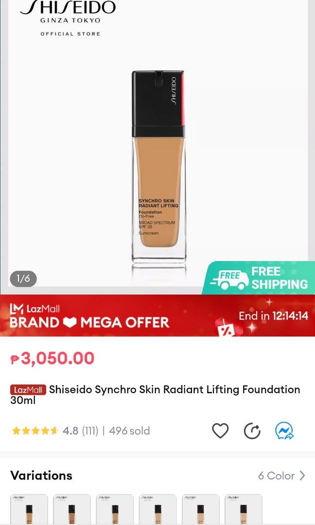 Shiseido Synchro Skin Foundation (Category: Makeup) located in Taguig. Submitted by anyaa214 (Listing ID 1223973060, Image 2). Description: Brand New Shiseido Synchro Skin Radiant Lifting Foundation! 410 Suntone 30ml Srp: Php3050.