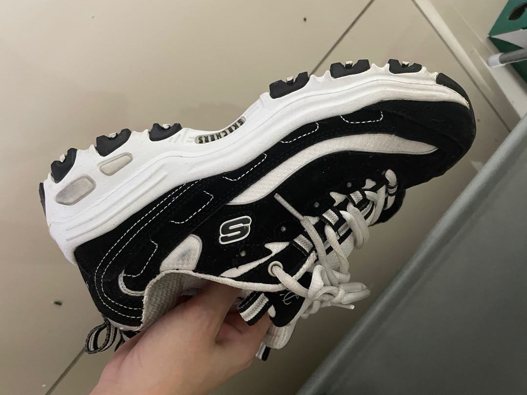 Skecher dlites black and white sneakers, Women's Fashion, Footwear