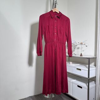 長袖縮腰紅洋裝 vintage古著
