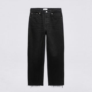Zara High Waisted Straight Fit Ripped Hem Jeans