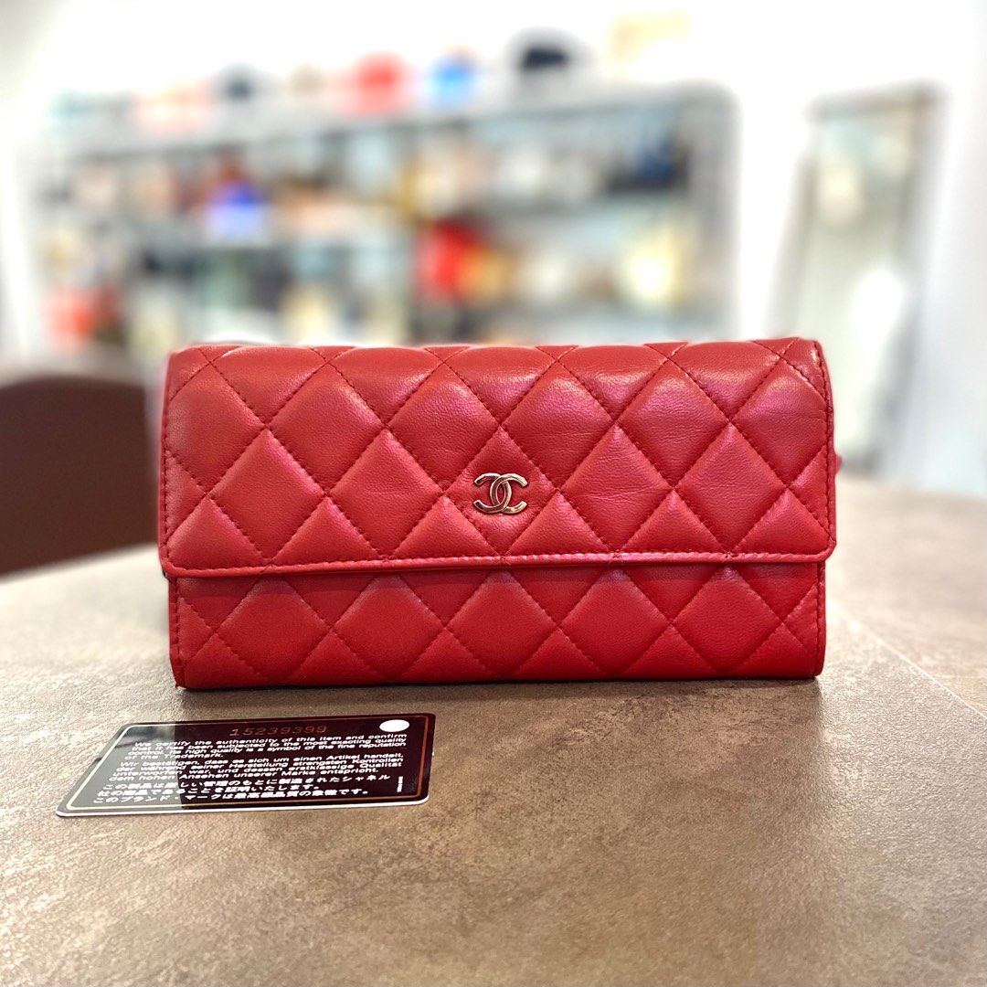 Chanel red caviar leather wallet on chain ( WOC ) with silver hardware