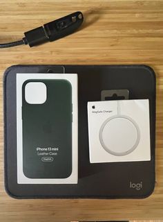 Apple iphone 13 mini leather case and magsafe charger