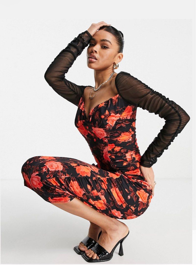 Red mesh on sale ruched midi dress