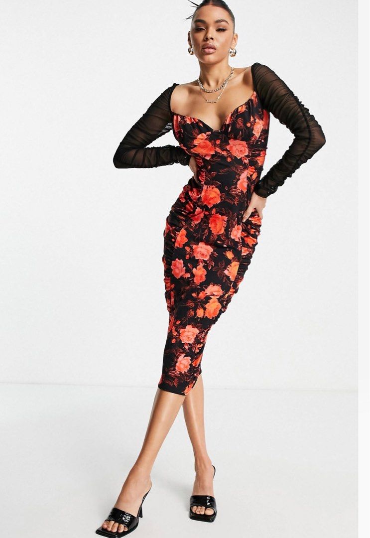 Red midi dress with sleeves hot sale