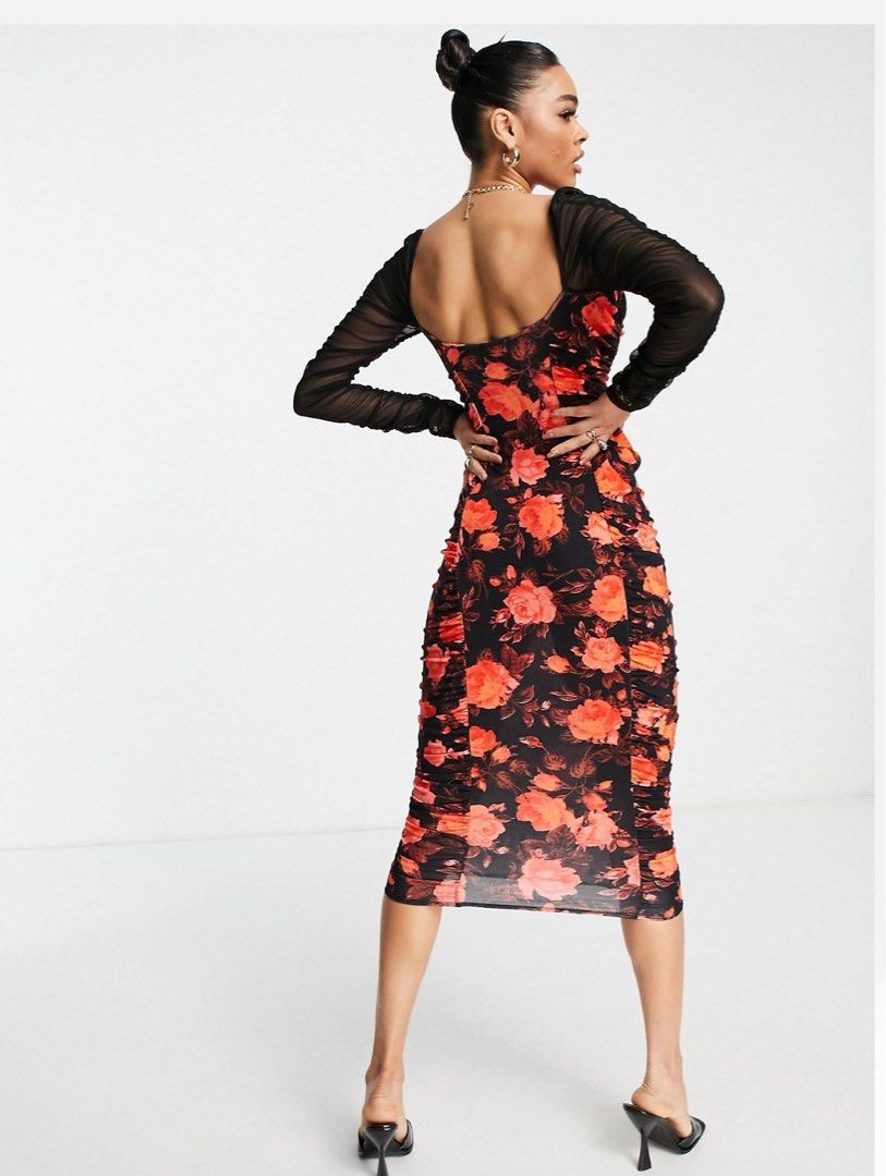 Asos Design ruched midi dress with mesh long sleeves in red orange