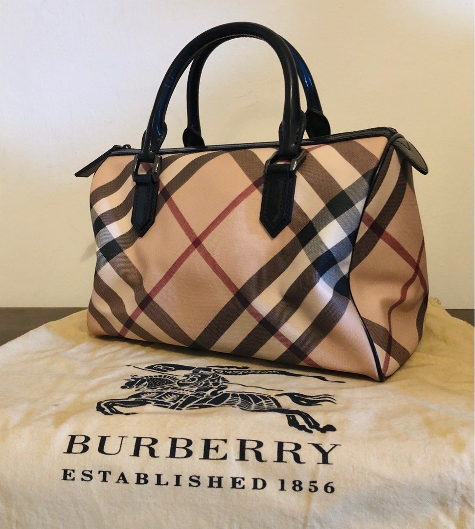 Burberry Black Beige Nova Check on Studs Canvas Leather Boston Bag