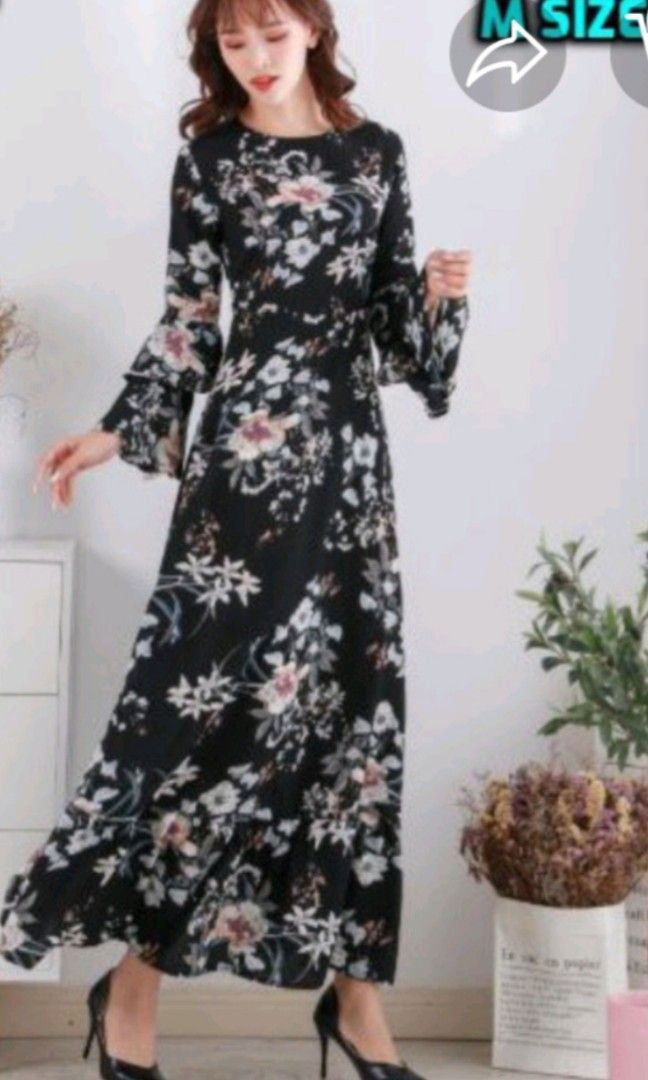Long black dress with flowers sales
