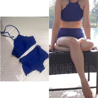 Blue halter and high waist bikini set