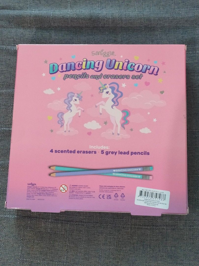 BNIB Smiggle Dancing Unicorn Pencils and Erasers set, Hobbies & Toys