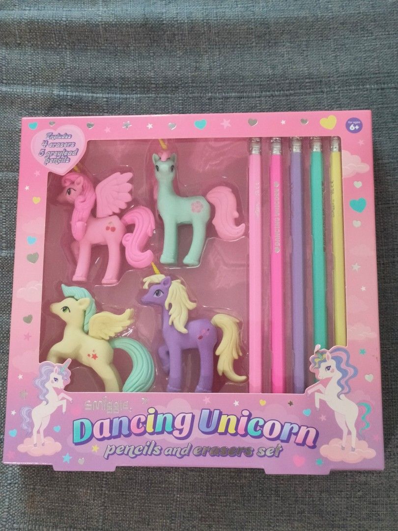 BNIB Smiggle Dancing Unicorn Pencils and Erasers set, Hobbies & Toys