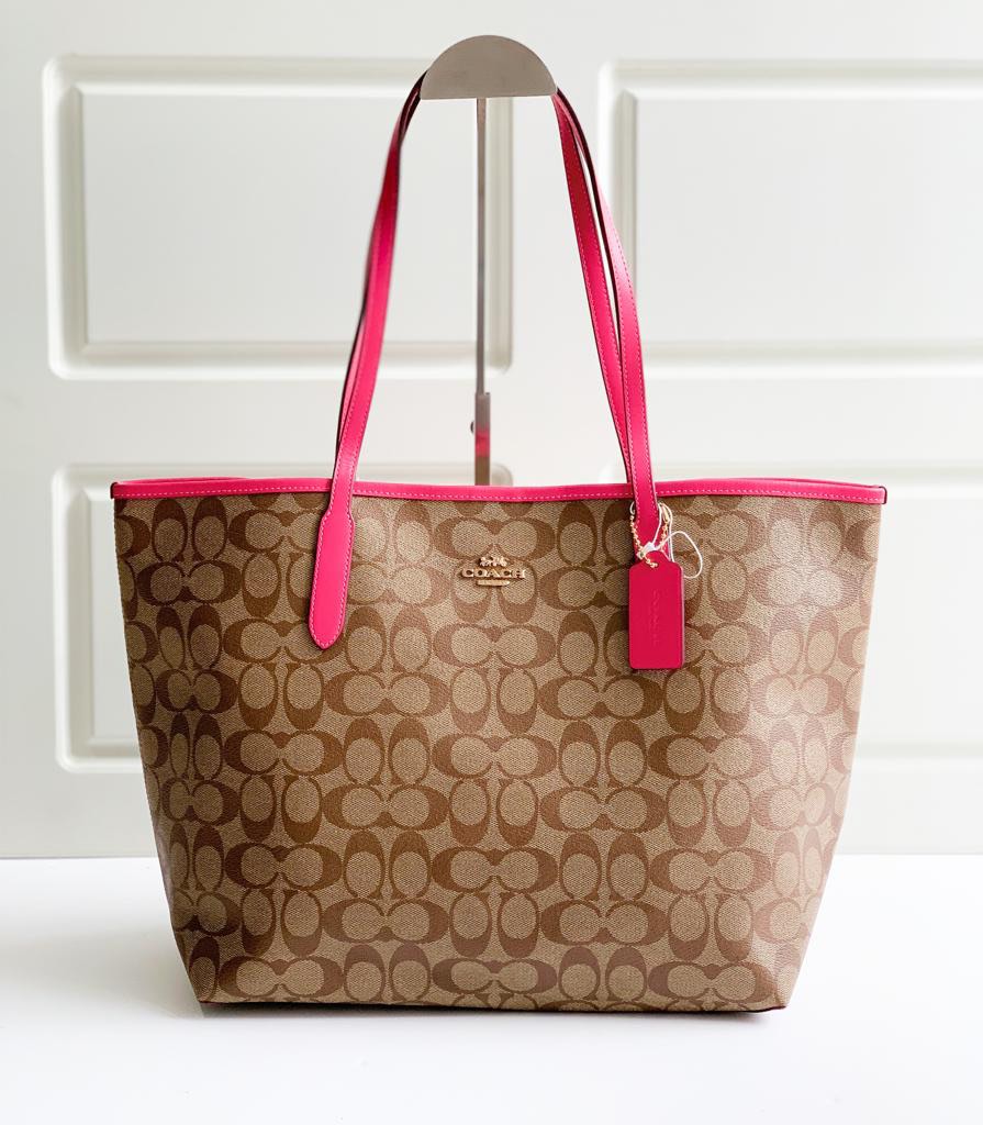 coach 5696 Signature Open City Tote Khaki Bold Pink, Barang Mewah, Tas