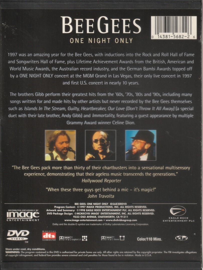 DVD: BEEGEES - One Night Only, Hobbies & Toys, Music & Media, CDs ...