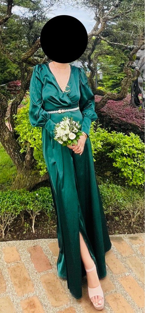 emerald green long sleeve satin dress Emerald Green Long Sleeve Satin Dress – Shopbrandnewyou main image 1