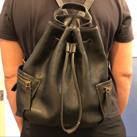 Fossil Black Pebbled Leather Bucket Bag Drawstring Closure