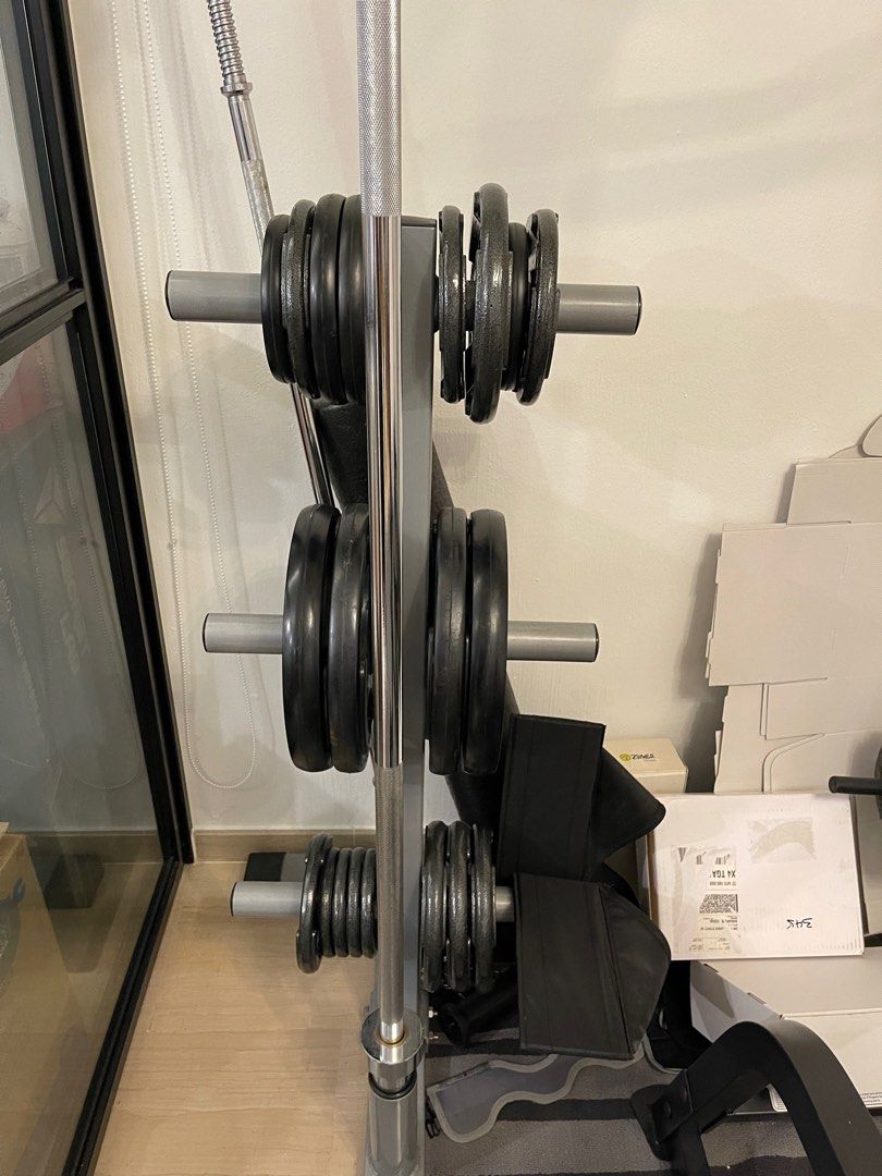 Home Gym Rack and Bench with Olympic bar and weights, Sports Equipment