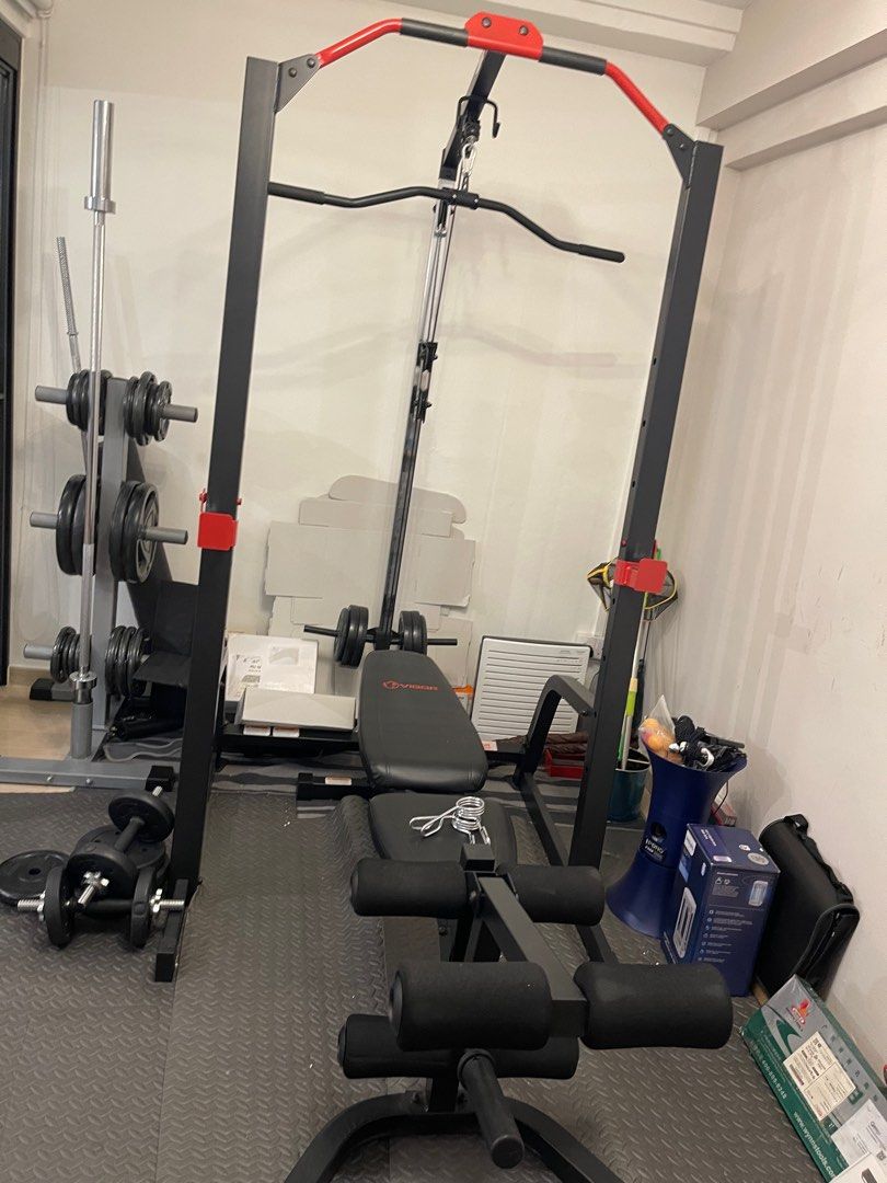 Home Gym Rack and Bench with Olympic bar and weights, Sports Equipment