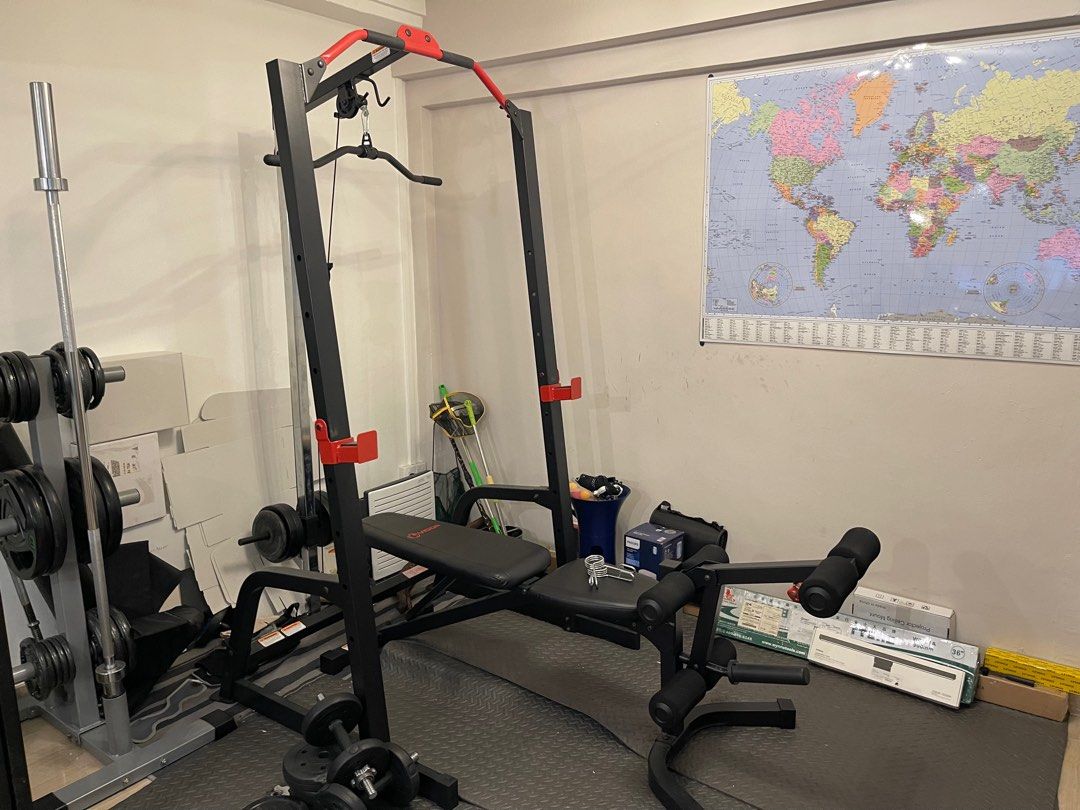 Home Gym Rack and Bench with Olympic bar and weights, Sports Equipment ...