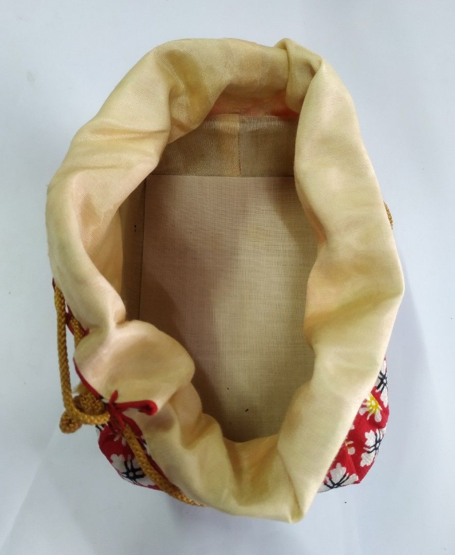 Japanese Kimono Cloth Bamboo Drawstring Bag Vtg Pouch Kago