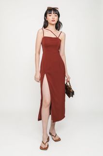 Krista Asymmetrical Strap Midi Dress (Persian Red)