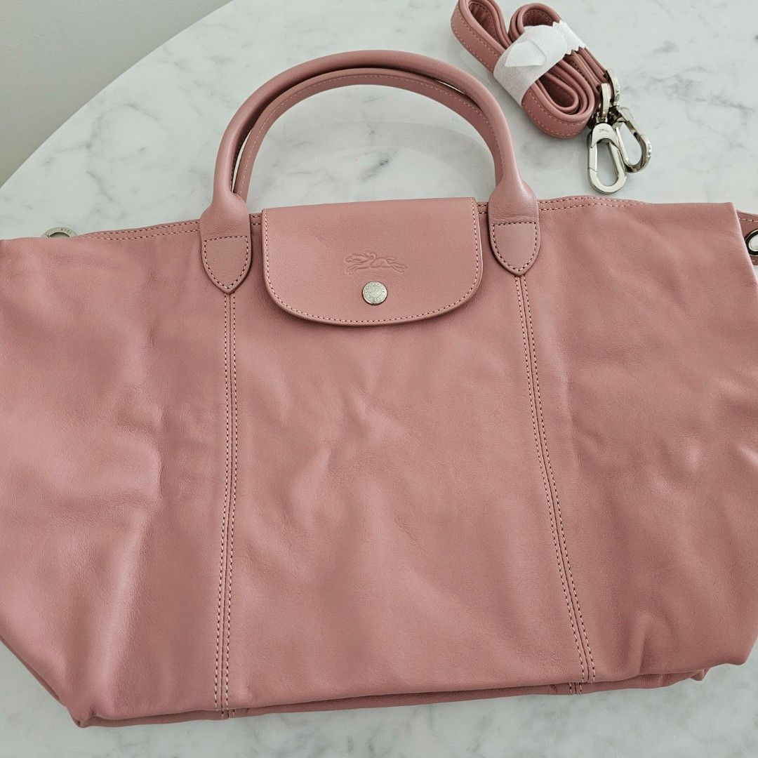 Longchamp Le Pliage Cuir Medium Top Handle Bag in Antique Pink