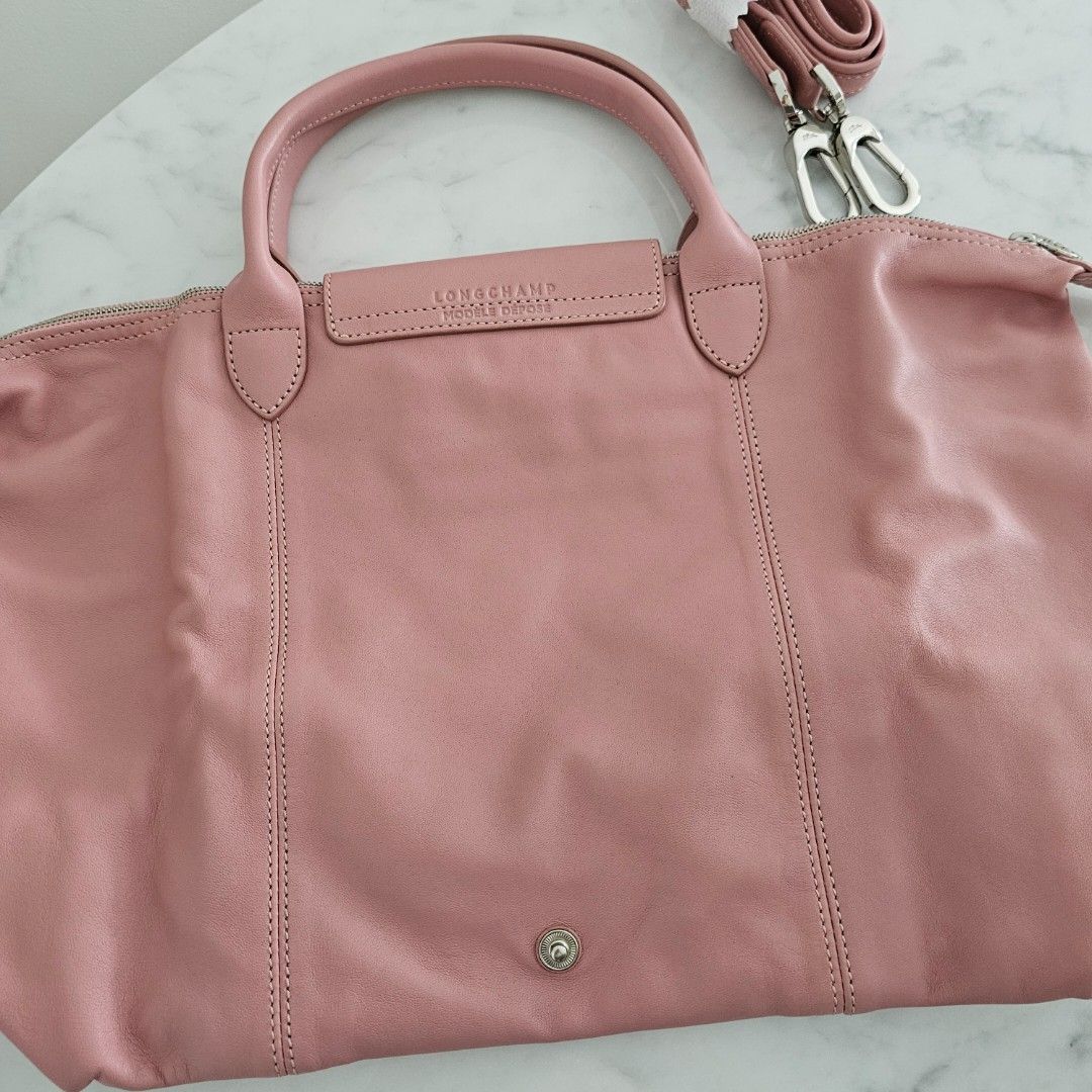 Longchamp Antique Pink Le Pliage Cuir Medium Shopping Tote (Logo Strap) –