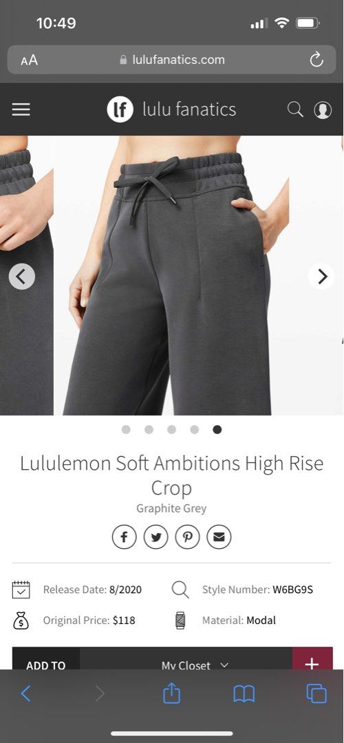 Lululemon Soft Ambitions High Rise Crop - Graphite Grey - lulu fanatics