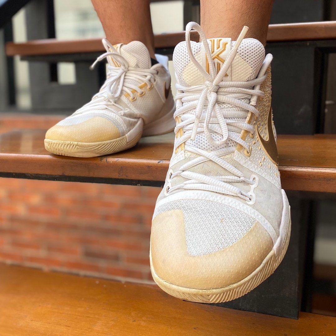 Kyrie 3 white and gold on feet 2025