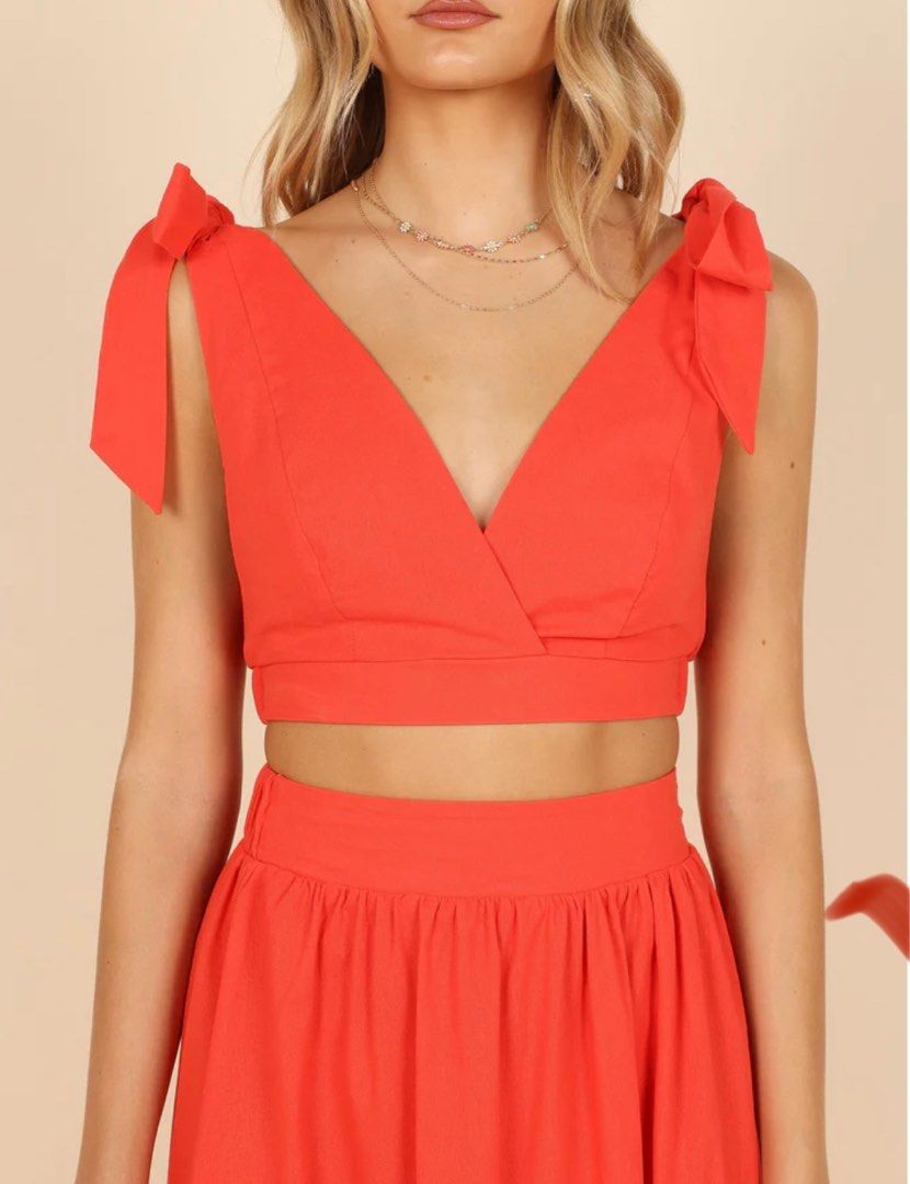 Red two piece skirt set sales