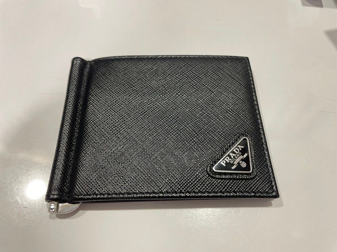 Prada Money Clip Bifold Saffiano Leather Wallet, Luxury, Bags & Wallets on Carousell