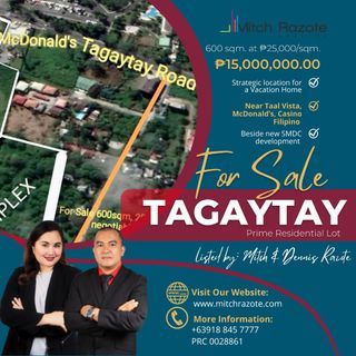 Prime Residential Lot For Sale in Tagaytay near Sky Ranch, Taal Vista Hotel, McDonald's, Casino Filipino, and the New SM Development