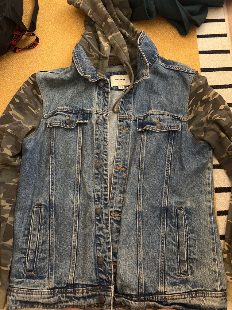Pull&Bear Denim Jacket With Jersey Sleeves In Camo