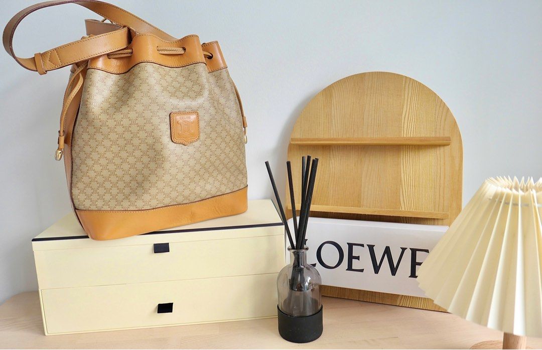 15 off New Year Sale Rare Vintage Celine Khaki coloured Macadam Triomphe Monogram Bucket Bag