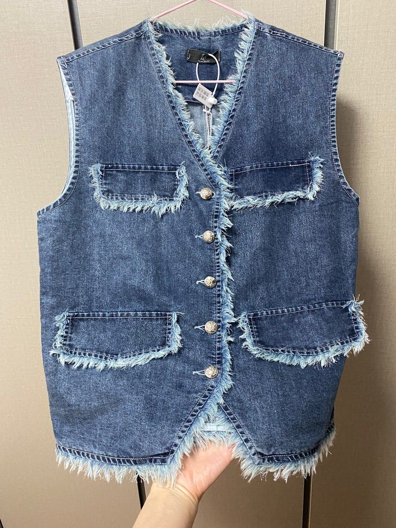 Sleeveless Top Brand tag small fragrant wind raw edge V neck denim vest women s loose short vest waistcoat waistcoat thin section