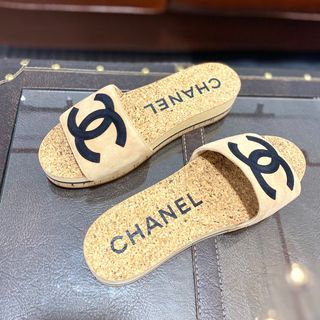 Chanel Black Leather Embellished CC Flat Espadrille Slides Size 38.5
