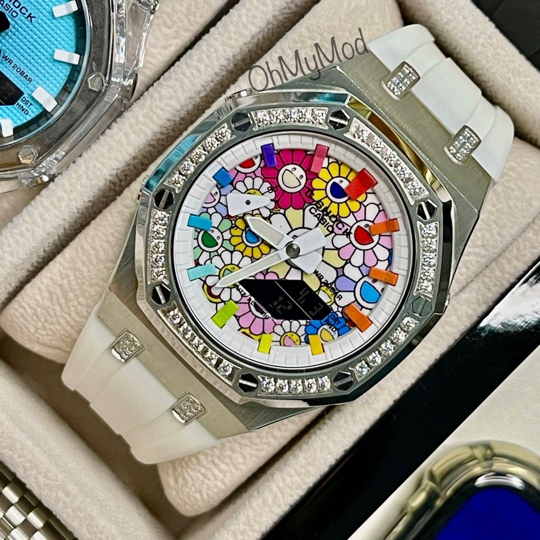 Murakami Flower Rainbow Diamond Bezel White Strap CasiOak