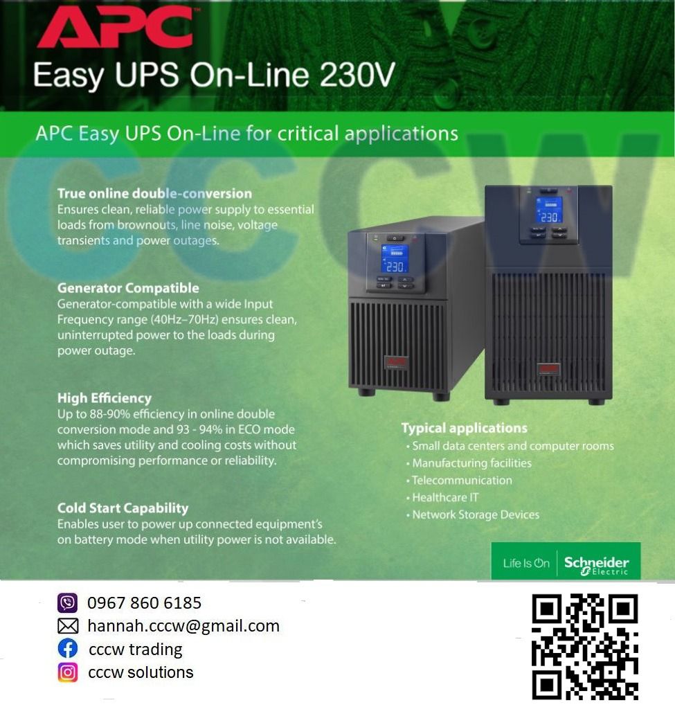 APC EASY UPS ON-LINE 230 Smart-UPS SRV MEDIUM Easy UPS, Tower (Category: Office & Business Technology) located in Antipolo. Submitted by cccwsolutions.com (Listing ID 1226081162, Image 1). Description: APC EASY UPS ON-LINE 230 Smart-UPS SRV MEDIUM Easy UPS, Tower 🟢 SRV1KI APC Smart-UPS Easy UPS SRV 1000VA 230V, 800 Watts 🟢 SRV2KI APC Smart-UPS Easy UPS SRV 2000VA 230V, 1600 Watts 🟢 SRV3KI APC Smart UPS Easy UPS SRV 3000VA 230V, 2400 Watts 🟢 S