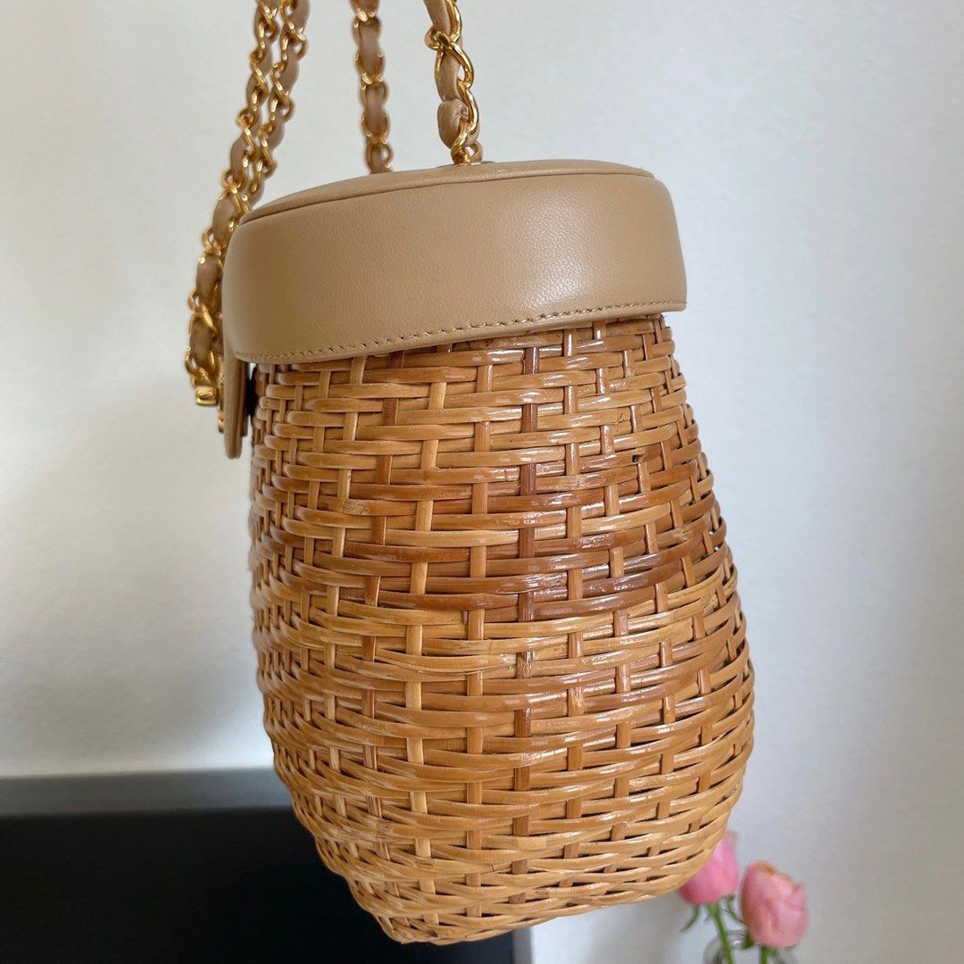 Authentic Vintage Chanel Rattan Wicker Basket Bag with CC Turn Lock