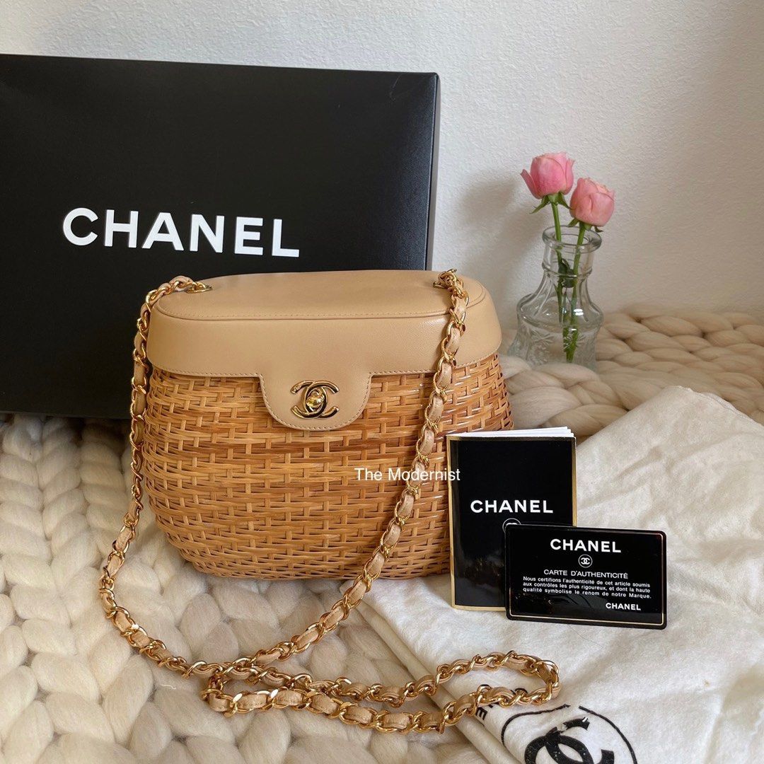 Authentic Vintage Chanel Rattan Wicker Basket Bag with CC Turn