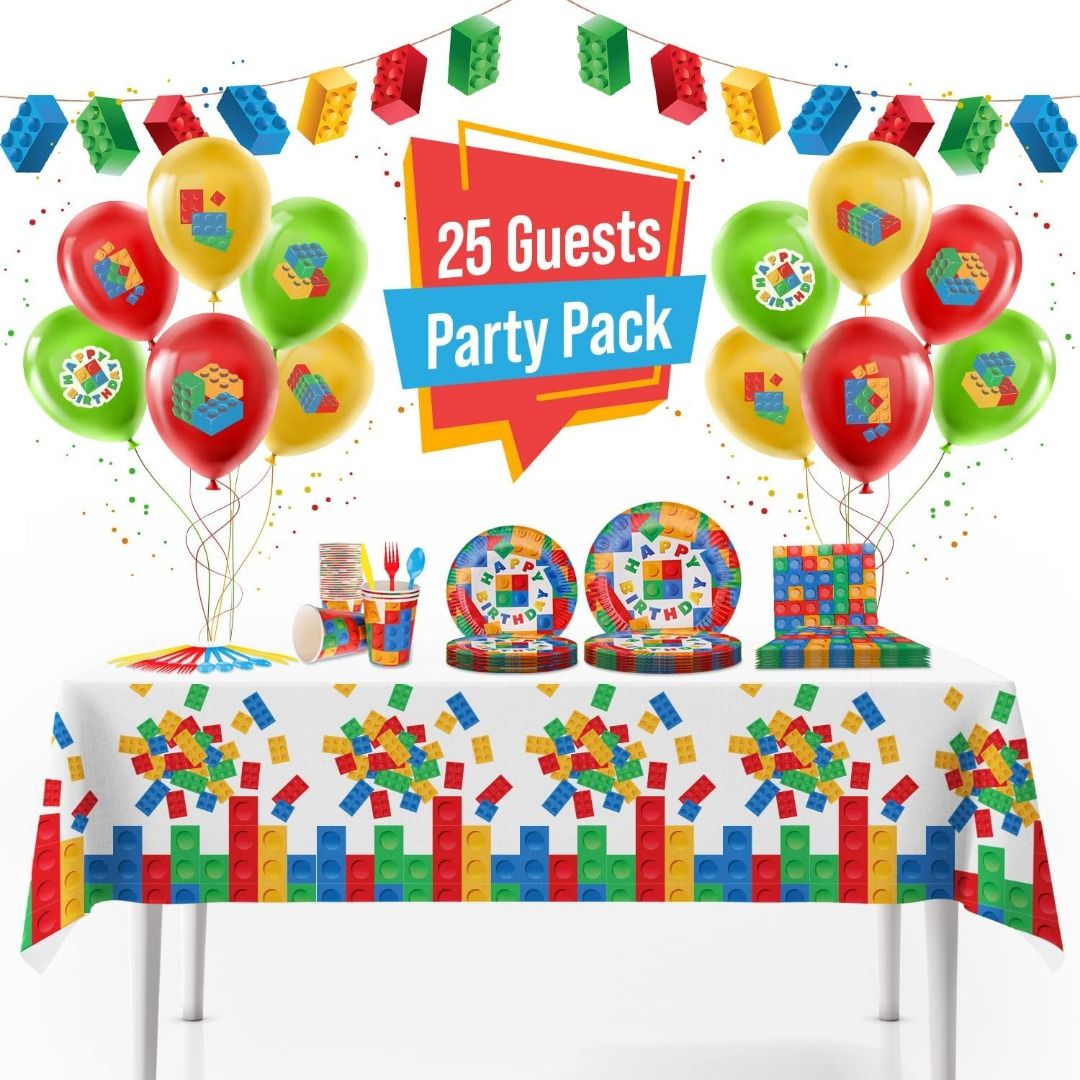 Building Block Birthday Party Supplies by Aliza Baby Boy Toddler Kids Birthday Brick Decorations Cups Plates Signs Napkins Balloons Tablecloth Utensils Decorations for Boys and Girls Serves 25