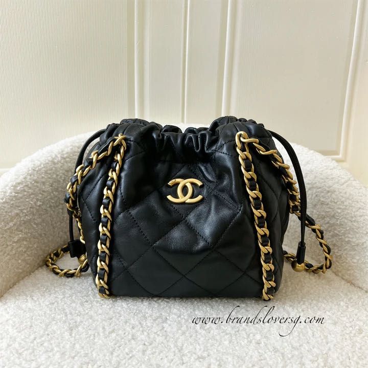 SOLD Chanel Seasonal Chains Drawstring Bag in Black Lambskin AGHW