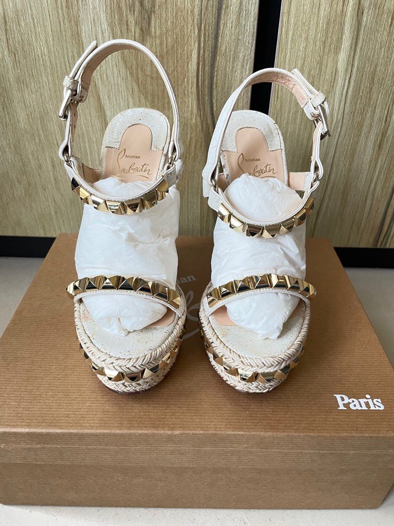 Christian Louboutin Studded White Gold Wedges