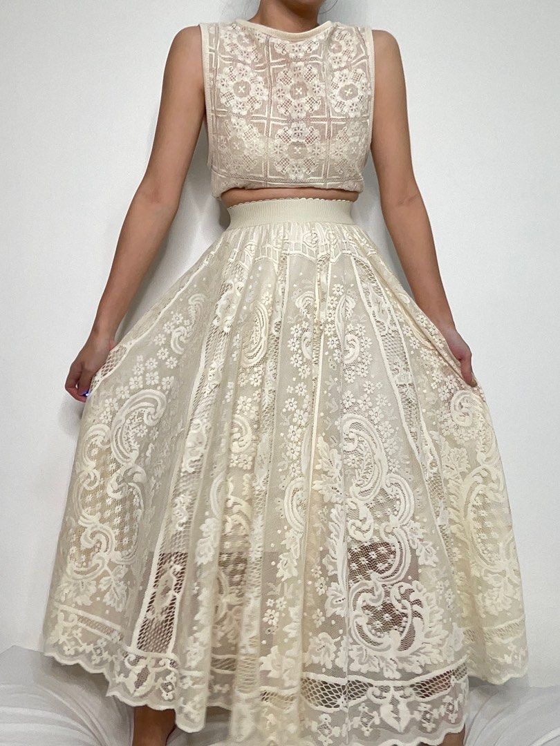 [SOLD] Cream vintage lace top and maxi skirt, Women's Fashion, Dresses & Sets, Sets or