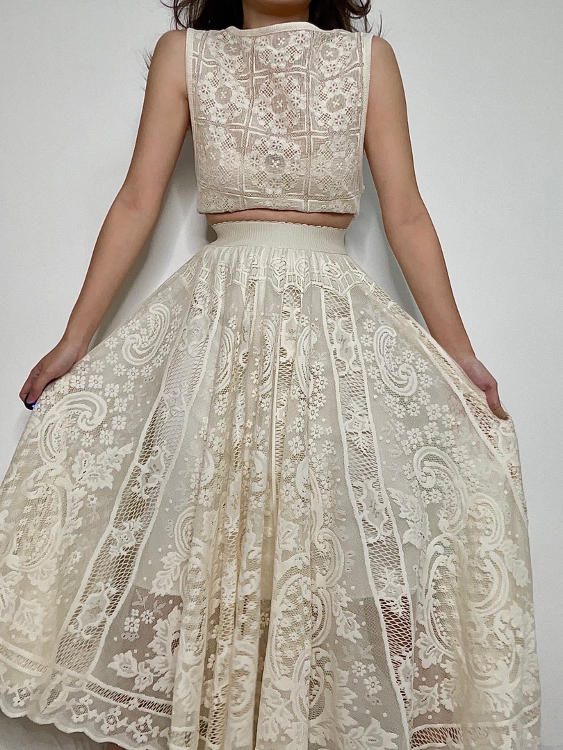 Vintage cream colored lace corset and maxi skirt set